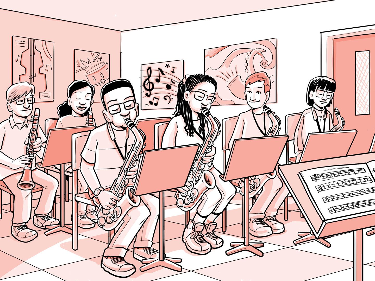 Nia joue du saxophone dans un groupe de jazz.