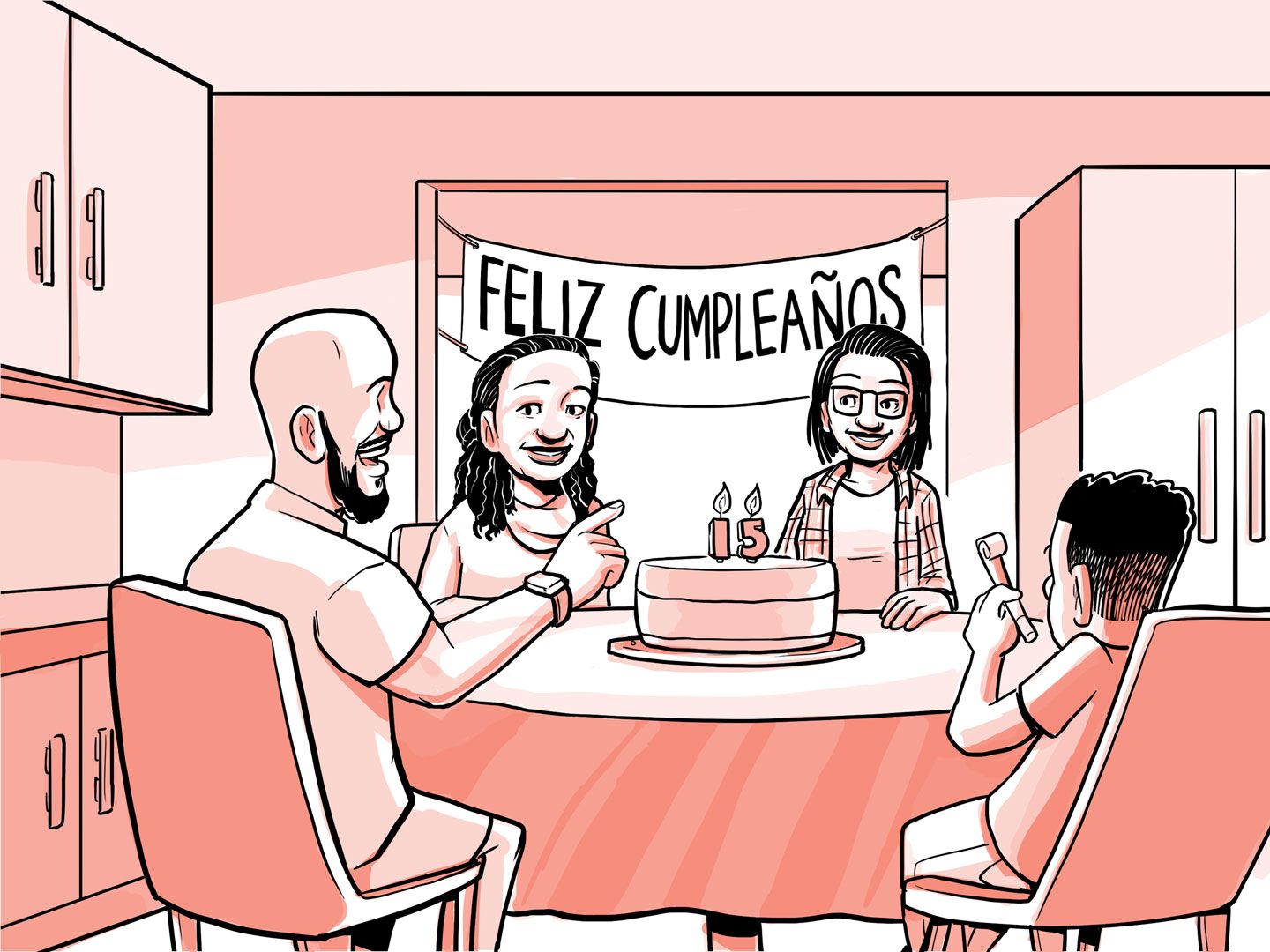 La familia de Nia celebra el cumpleaños número 15 de Nia.