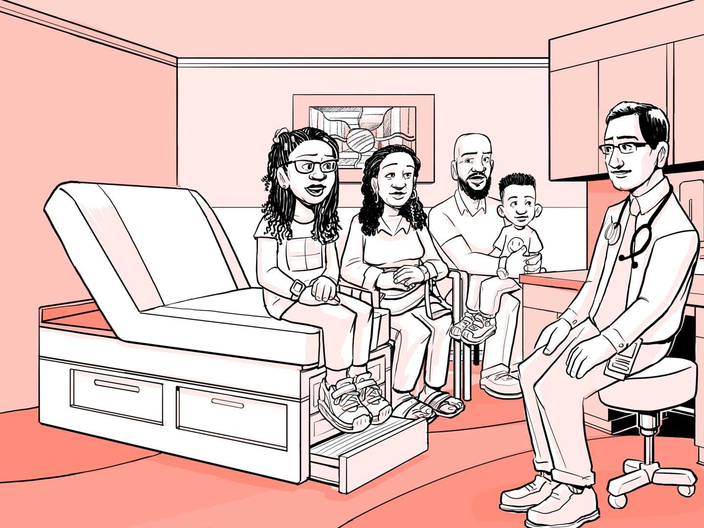 Nia y su familia hablan con el médico en la consulta.